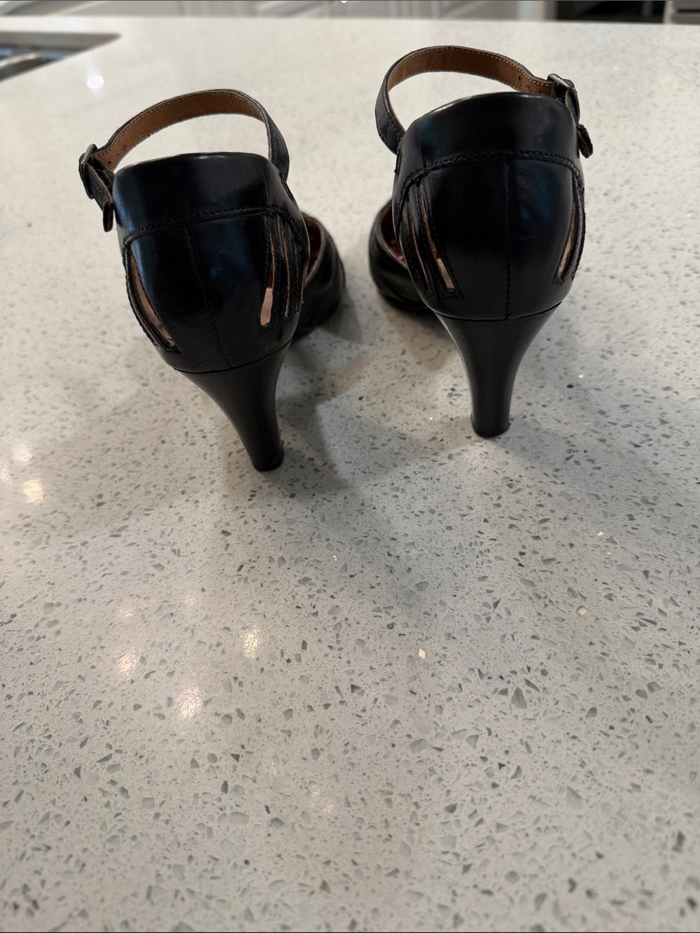 Clarks Black Leather Ankle-Strap Cutout Heels - Picture 3 of 6